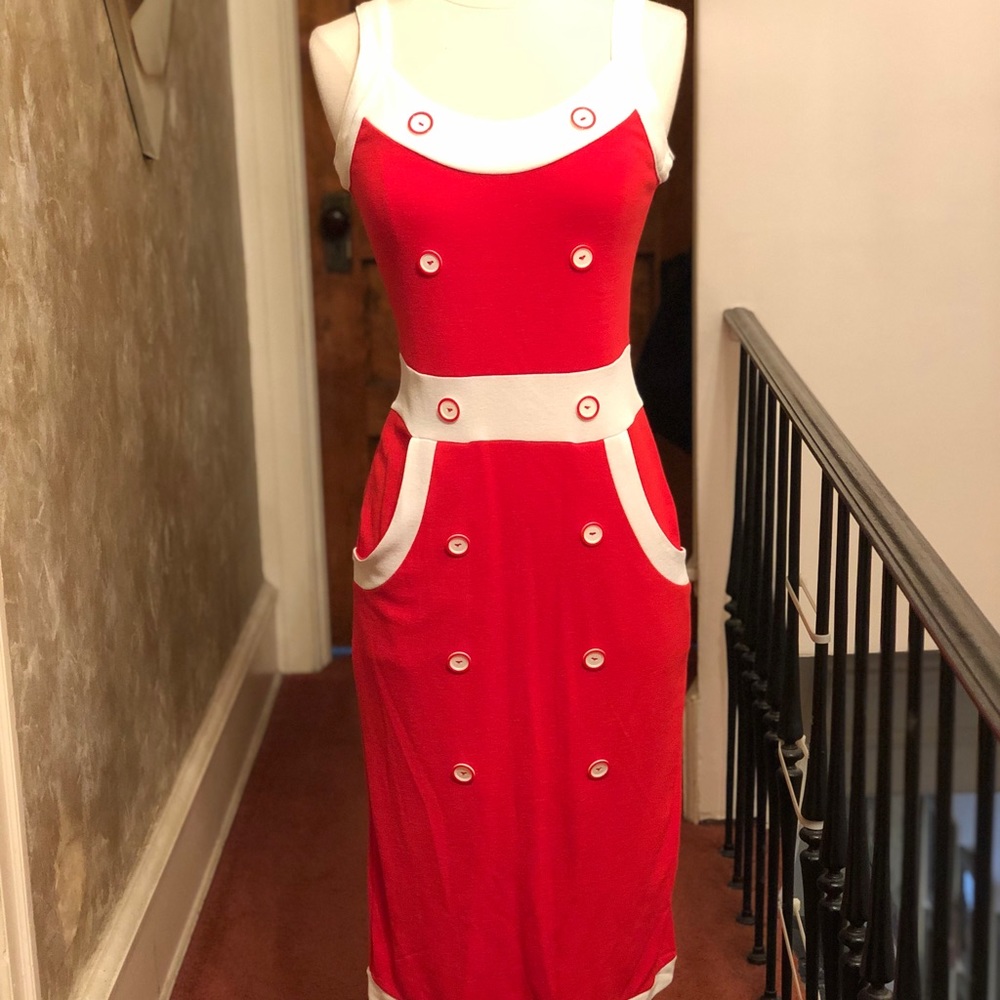 VENUS Red and White Midi Dress